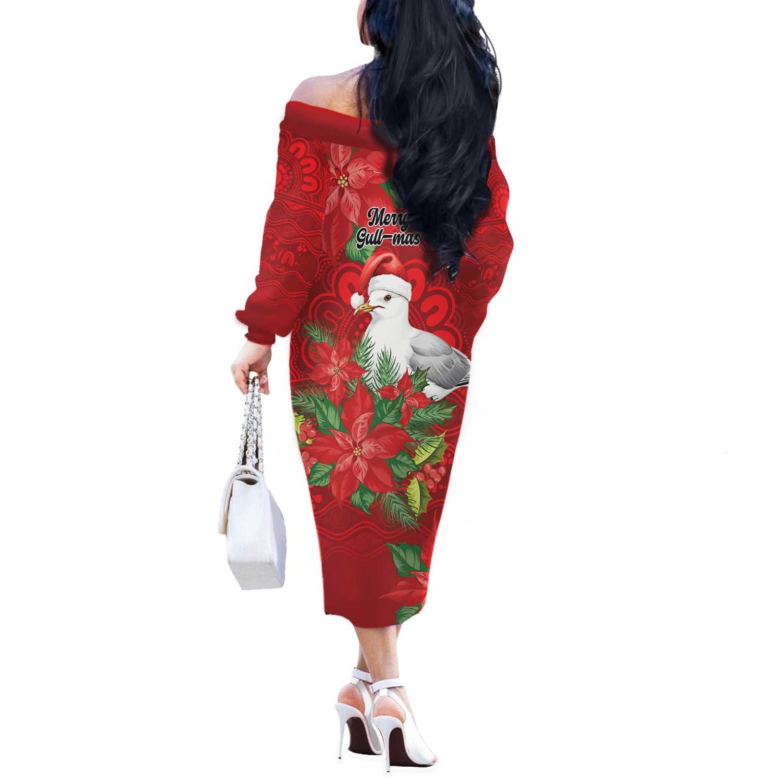 Australian Silver Gull Off The Shoulder Long Sleeve Dress Aboriginal Inspired Christmas - Aussie Hoodie
