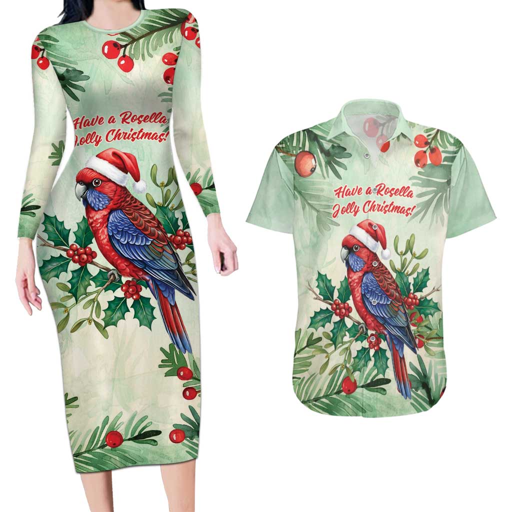 Watercolor Floral Crimson Rosella Couples Matching Long Sleeve Bodycon Dress and Hawaiian Shirt It’s Aussie Christmas Time! - Aussie Hoodie