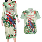 Watercolor Floral Crimson Rosella Couples Matching Long Sleeve Bodycon Dress and Hawaiian Shirt It’s Aussie Christmas Time! - Aussie Hoodie