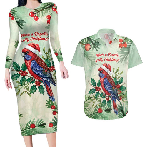 Watercolor Floral Crimson Rosella Couples Matching Long Sleeve Bodycon Dress and Hawaiian Shirt It’s Aussie Christmas Time! - Aussie Hoodie