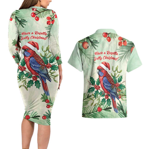 Watercolor Floral Crimson Rosella Couples Matching Long Sleeve Bodycon Dress and Hawaiian Shirt It’s Aussie Christmas Time! - Aussie Hoodie