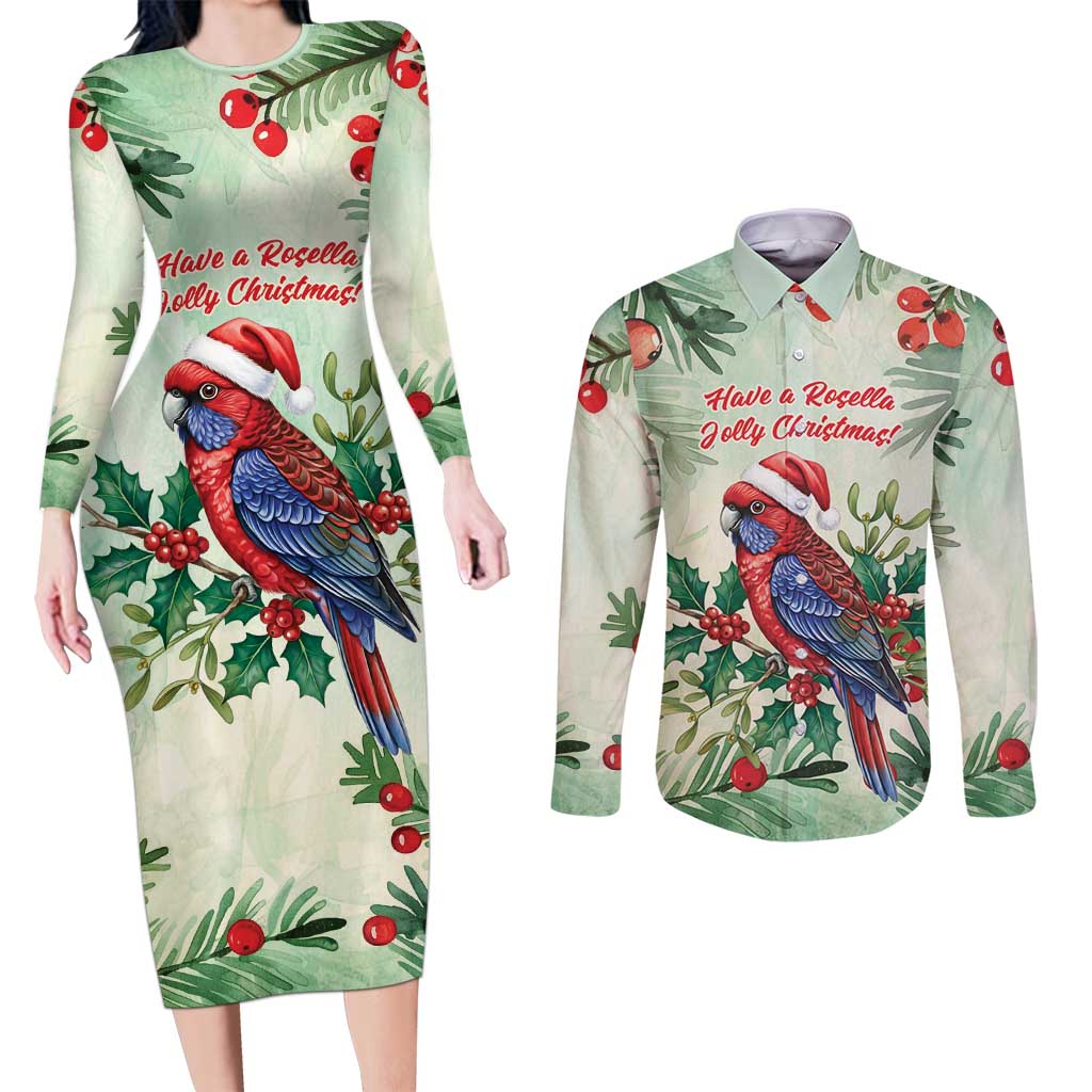 Watercolor Floral Crimson Rosella Couples Matching Long Sleeve Bodycon Dress and Long Sleeve Button Shirt It’s Aussie Christmas Time! - Aussie Hoodie