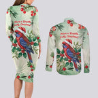 Watercolor Floral Crimson Rosella Couples Matching Long Sleeve Bodycon Dress and Long Sleeve Button Shirt It’s Aussie Christmas Time! - Aussie Hoodie