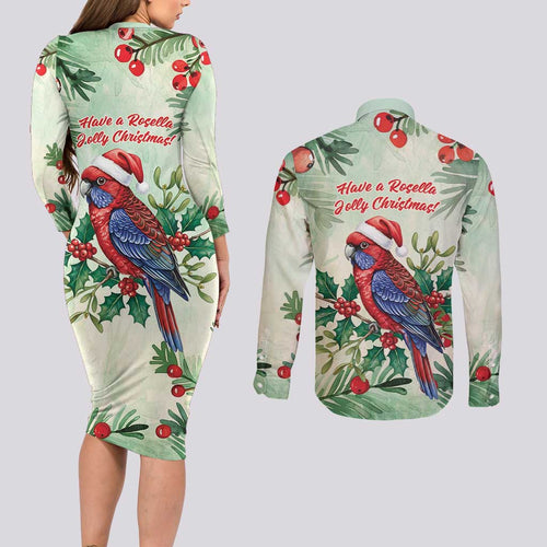 Watercolor Floral Crimson Rosella Couples Matching Long Sleeve Bodycon Dress and Long Sleeve Button Shirt It’s Aussie Christmas Time! - Aussie Hoodie