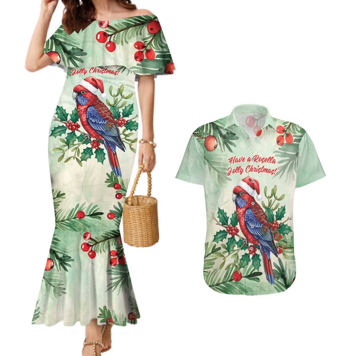 Watercolor Floral Crimson Rosella Couples Matching Mermaid Dress and Hawaiian Shirt It’s Aussie Christmas Time! - Aussie Hoodie