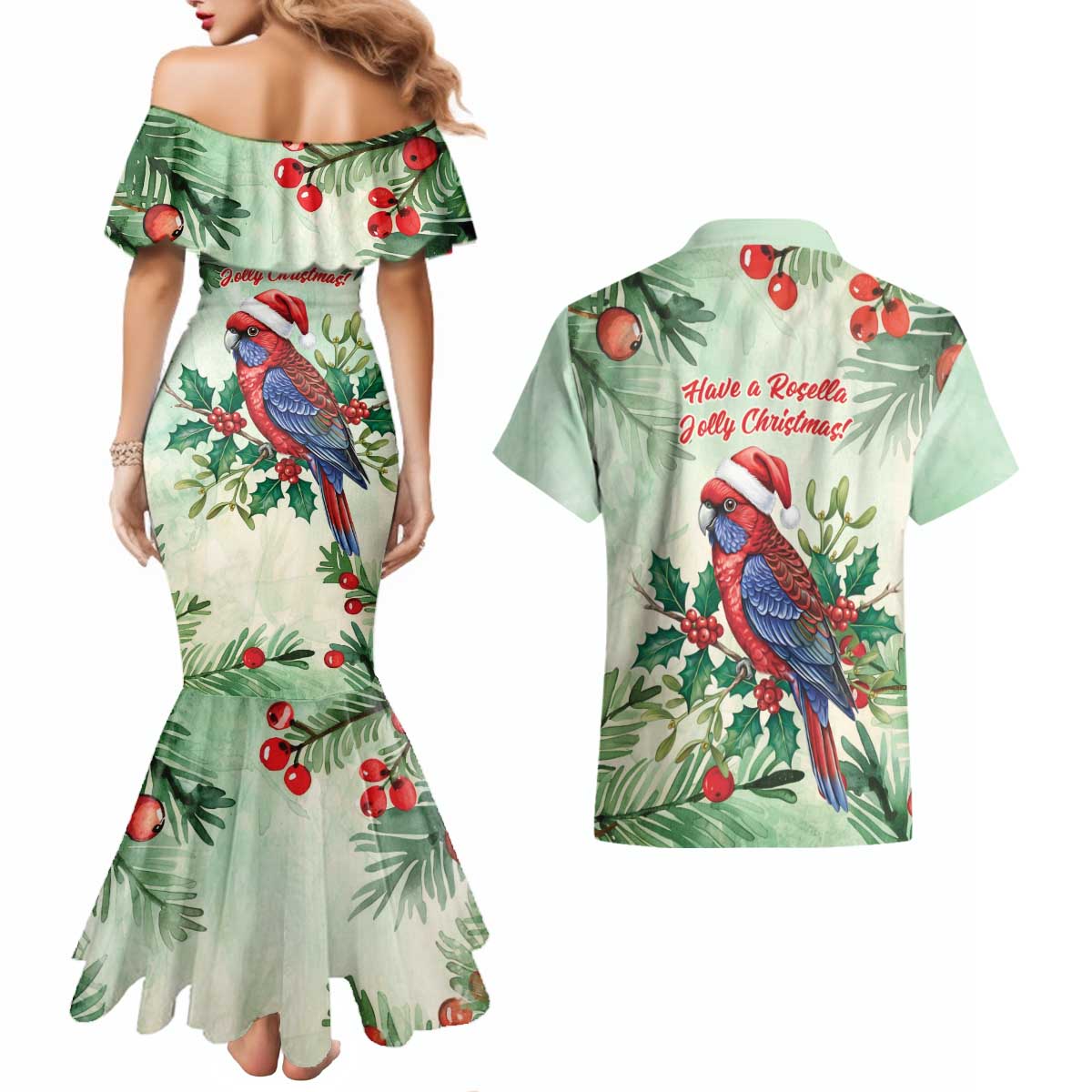 Watercolor Floral Crimson Rosella Couples Matching Mermaid Dress and Hawaiian Shirt It’s Aussie Christmas Time! - Aussie Hoodie