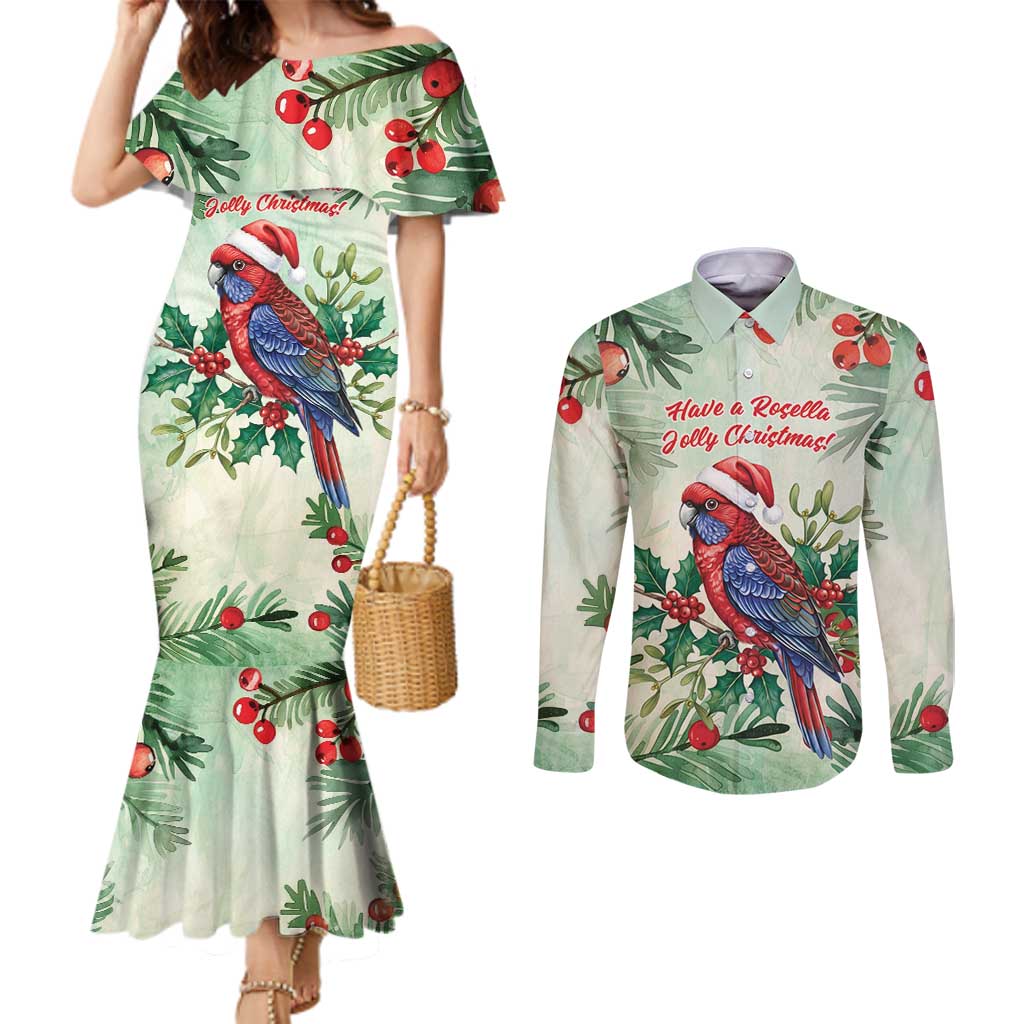 Watercolor Floral Crimson Rosella Couples Matching Mermaid Dress and Long Sleeve Button Shirt It’s Aussie Christmas Time! - Aussie Hoodie