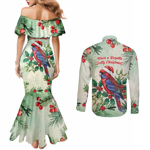 Watercolor Floral Crimson Rosella Couples Matching Mermaid Dress and Long Sleeve Button Shirt It’s Aussie Christmas Time! - Aussie Hoodie