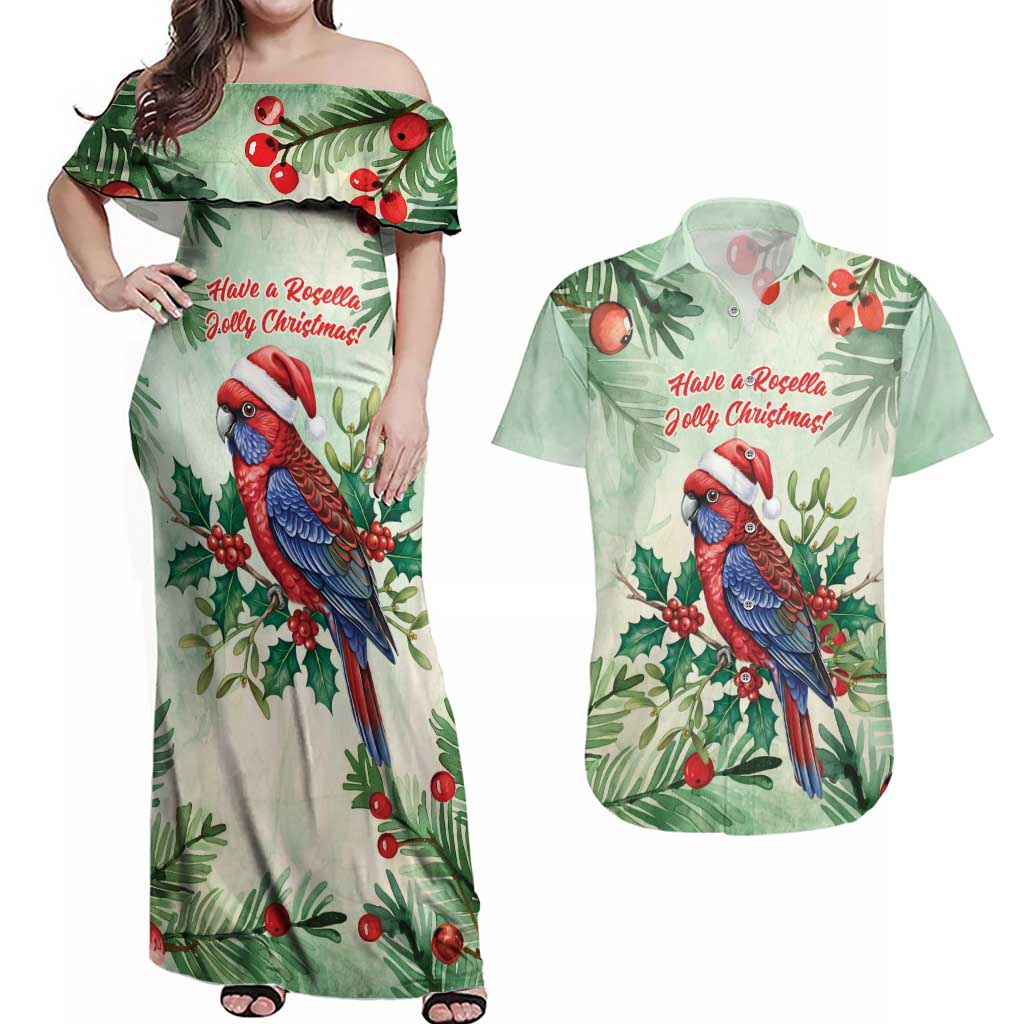 Watercolor Floral Crimson Rosella Couples Matching Off Shoulder Maxi Dress and Hawaiian Shirt It’s Aussie Christmas Time! - Aussie Hoodie