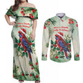 Watercolor Floral Crimson Rosella Couples Matching Off Shoulder Maxi Dress and Long Sleeve Button Shirt It’s Aussie Christmas Time! - Aussie Hoodie
