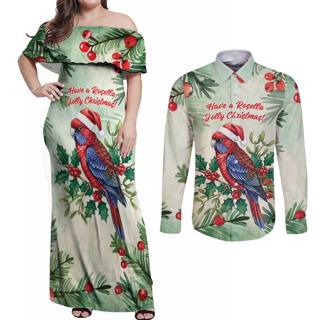 Watercolor Floral Crimson Rosella Couples Matching Off Shoulder Maxi Dress and Long Sleeve Button Shirt It’s Aussie Christmas Time! - Aussie Hoodie