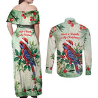 Watercolor Floral Crimson Rosella Couples Matching Off Shoulder Maxi Dress and Long Sleeve Button Shirt It’s Aussie Christmas Time! - Aussie Hoodie