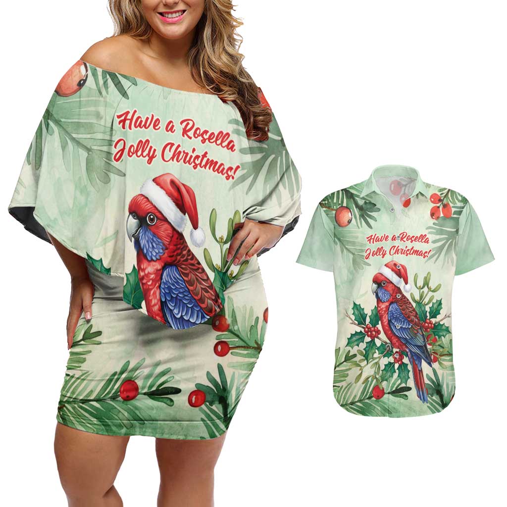 Watercolor Floral Crimson Rosella Couples Matching Off Shoulder Short Dress and Hawaiian Shirt It’s Aussie Christmas Time! - Aussie Hoodie