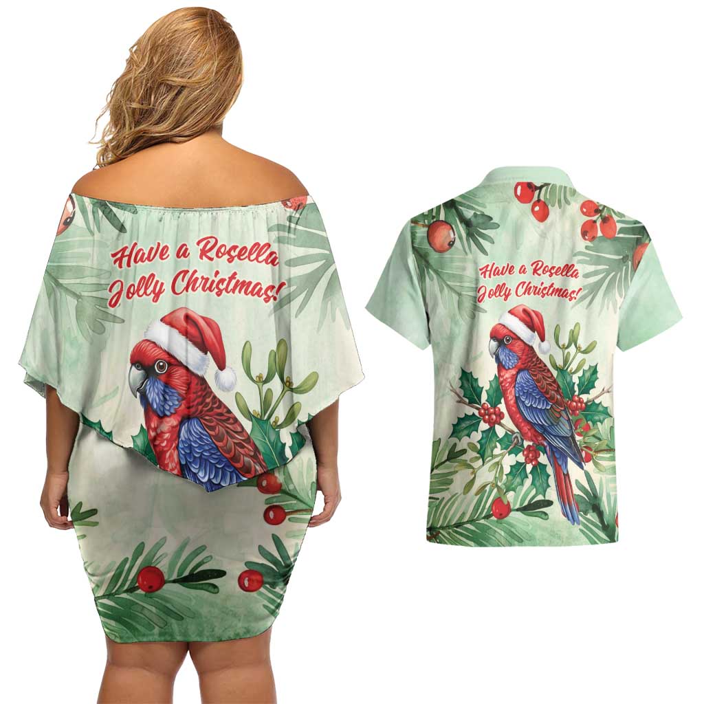 Watercolor Floral Crimson Rosella Couples Matching Off Shoulder Short Dress and Hawaiian Shirt It’s Aussie Christmas Time! - Aussie Hoodie