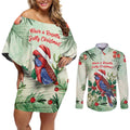 Watercolor Floral Crimson Rosella Couples Matching Off Shoulder Short Dress and Long Sleeve Button Shirt It’s Aussie Christmas Time! - Aussie Hoodie