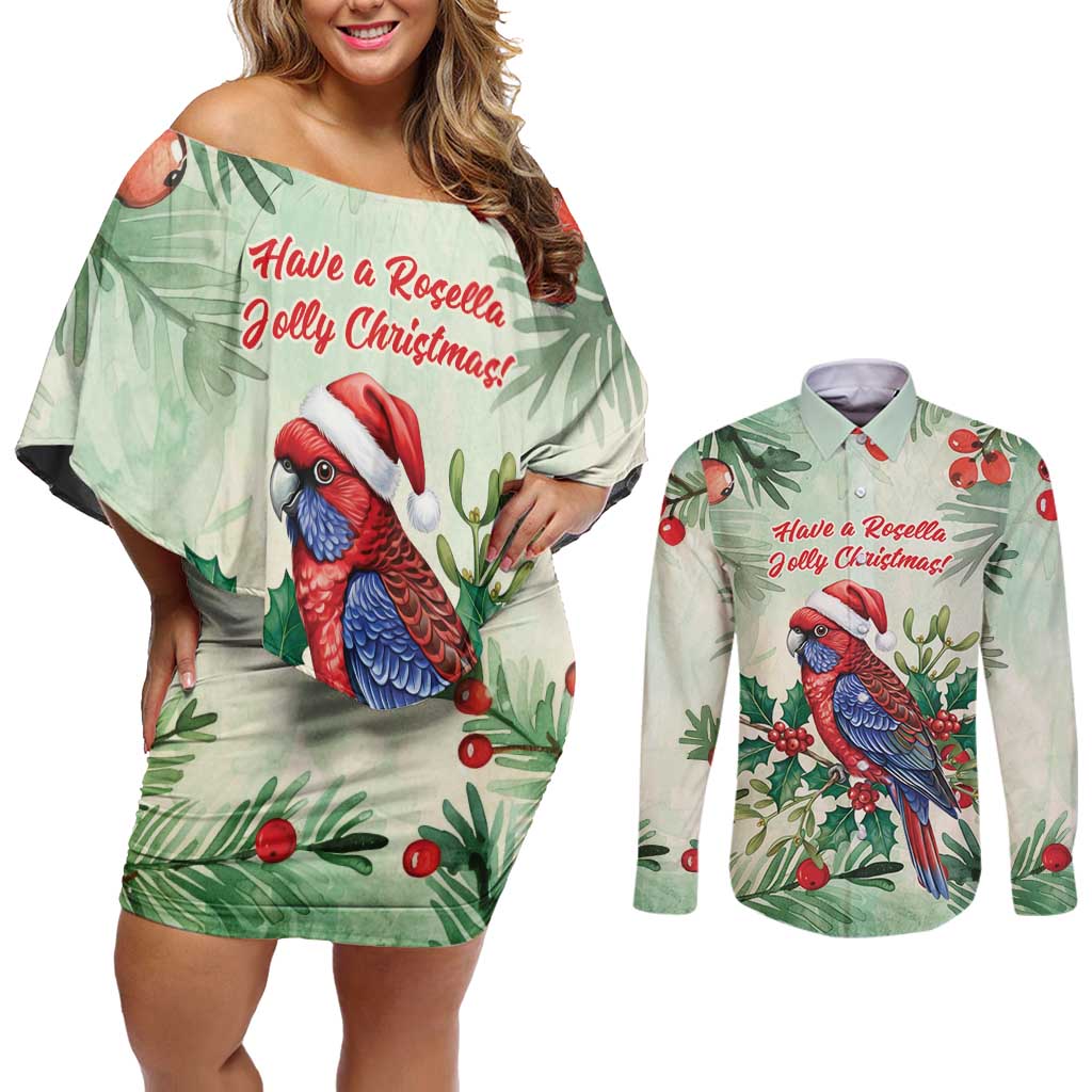 Watercolor Floral Crimson Rosella Couples Matching Off Shoulder Short Dress and Long Sleeve Button Shirt It’s Aussie Christmas Time! - Aussie Hoodie