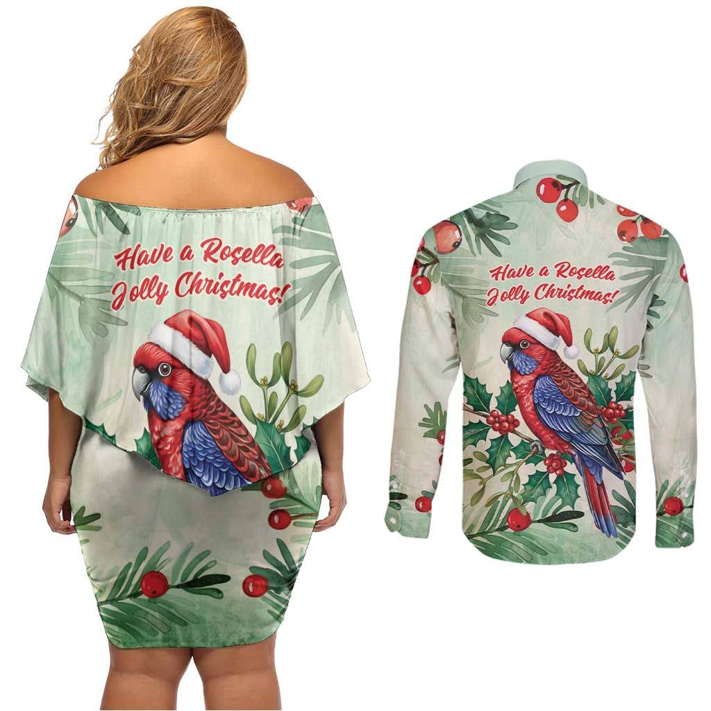 Watercolor Floral Crimson Rosella Couples Matching Off Shoulder Short Dress and Long Sleeve Button Shirt It’s Aussie Christmas Time! - Aussie Hoodie
