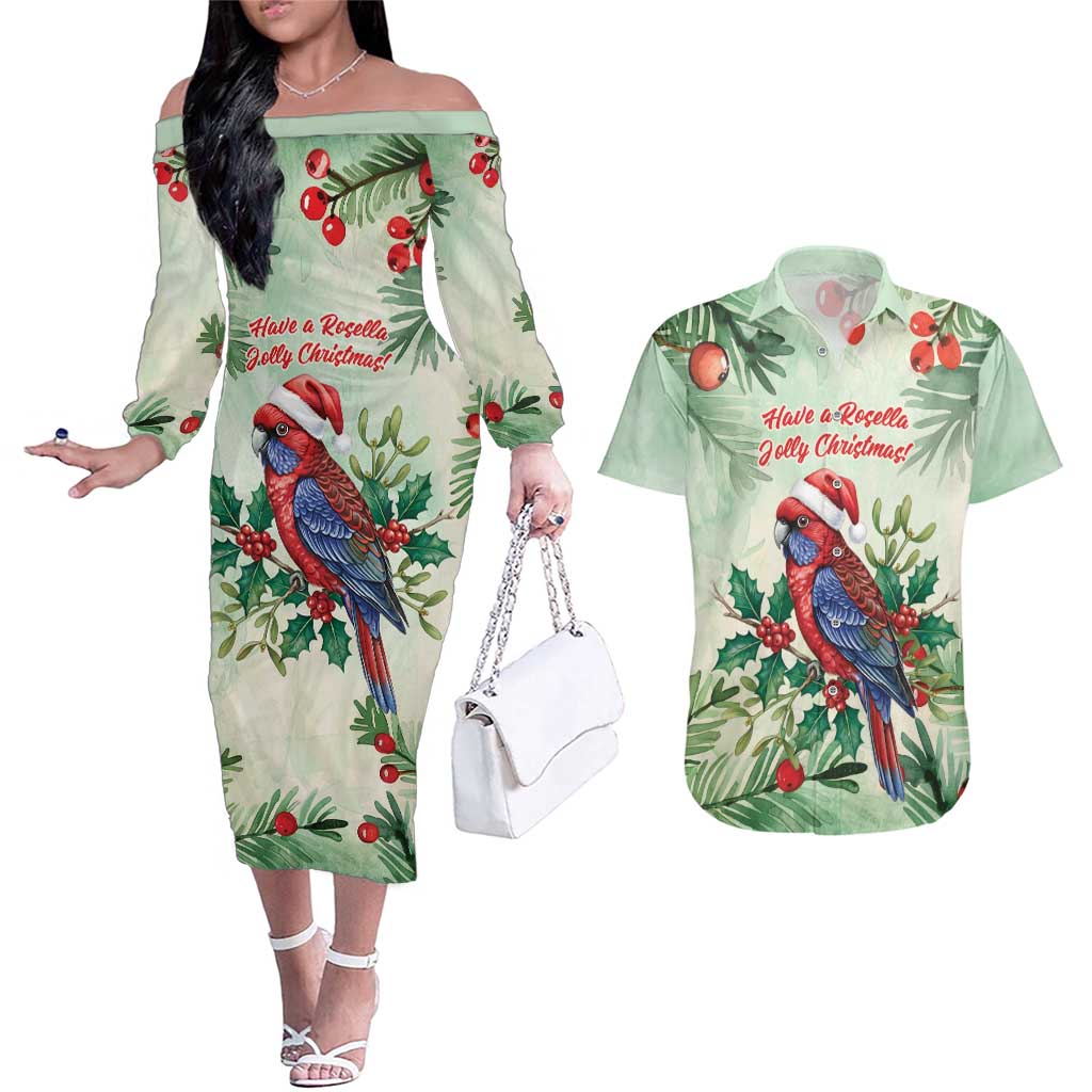 Watercolor Floral Crimson Rosella Couples Matching Off The Shoulder Long Sleeve Dress and Hawaiian Shirt It’s Aussie Christmas Time! - Aussie Hoodie