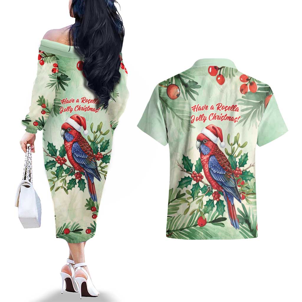Watercolor Floral Crimson Rosella Couples Matching Off The Shoulder Long Sleeve Dress and Hawaiian Shirt It’s Aussie Christmas Time! - Aussie Hoodie