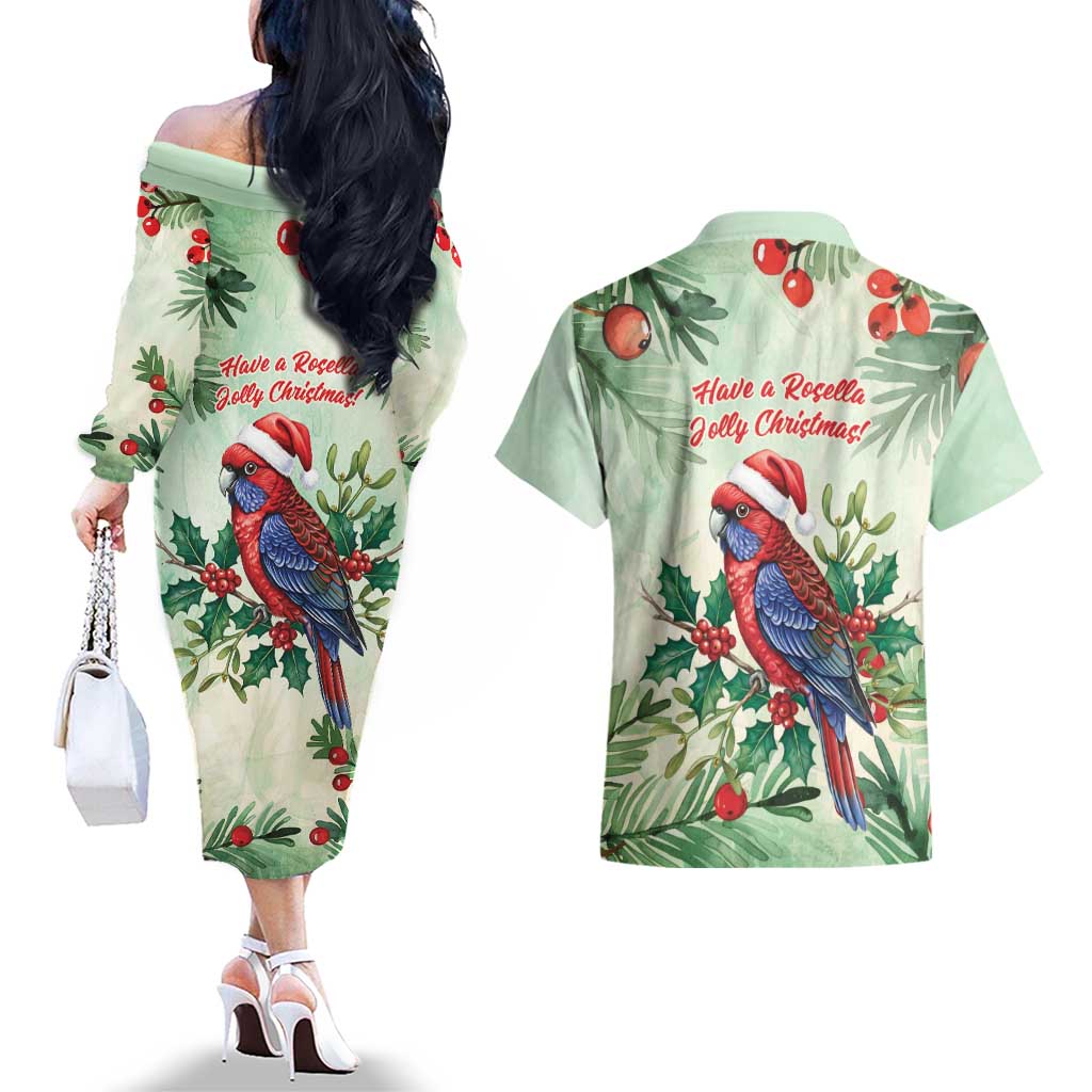 Watercolor Floral Crimson Rosella Couples Matching Off The Shoulder Long Sleeve Dress and Hawaiian Shirt It’s Aussie Christmas Time! - Aussie Hoodie