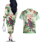 Watercolor Floral Crimson Rosella Couples Matching Off The Shoulder Long Sleeve Dress and Hawaiian Shirt It’s Aussie Christmas Time! - Aussie Hoodie