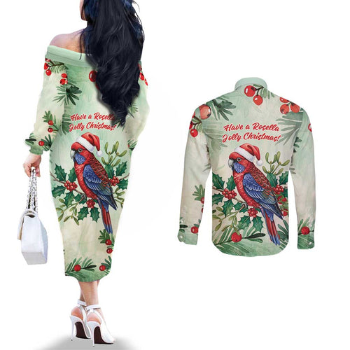 Watercolor Floral Crimson Rosella Couples Matching Off The Shoulder Long Sleeve Dress and Long Sleeve Button Shirt It’s Aussie Christmas Time! - Aussie Hoodie