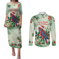 Watercolor Floral Crimson Rosella Couples Matching Puletasi and Long Sleeve Button Shirt It’s Aussie Christmas Time! - Aussie Hoodie