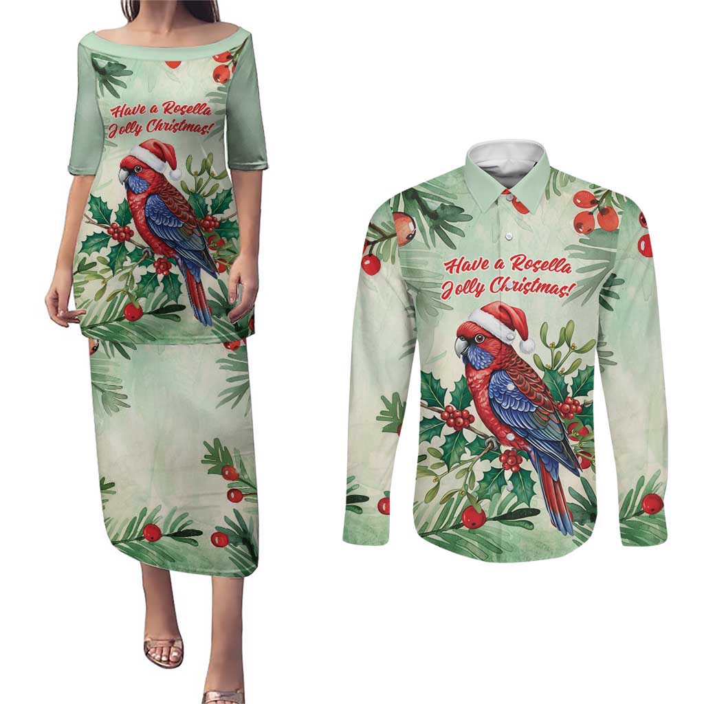 Watercolor Floral Crimson Rosella Couples Matching Puletasi and Long Sleeve Button Shirt It’s Aussie Christmas Time! - Aussie Hoodie