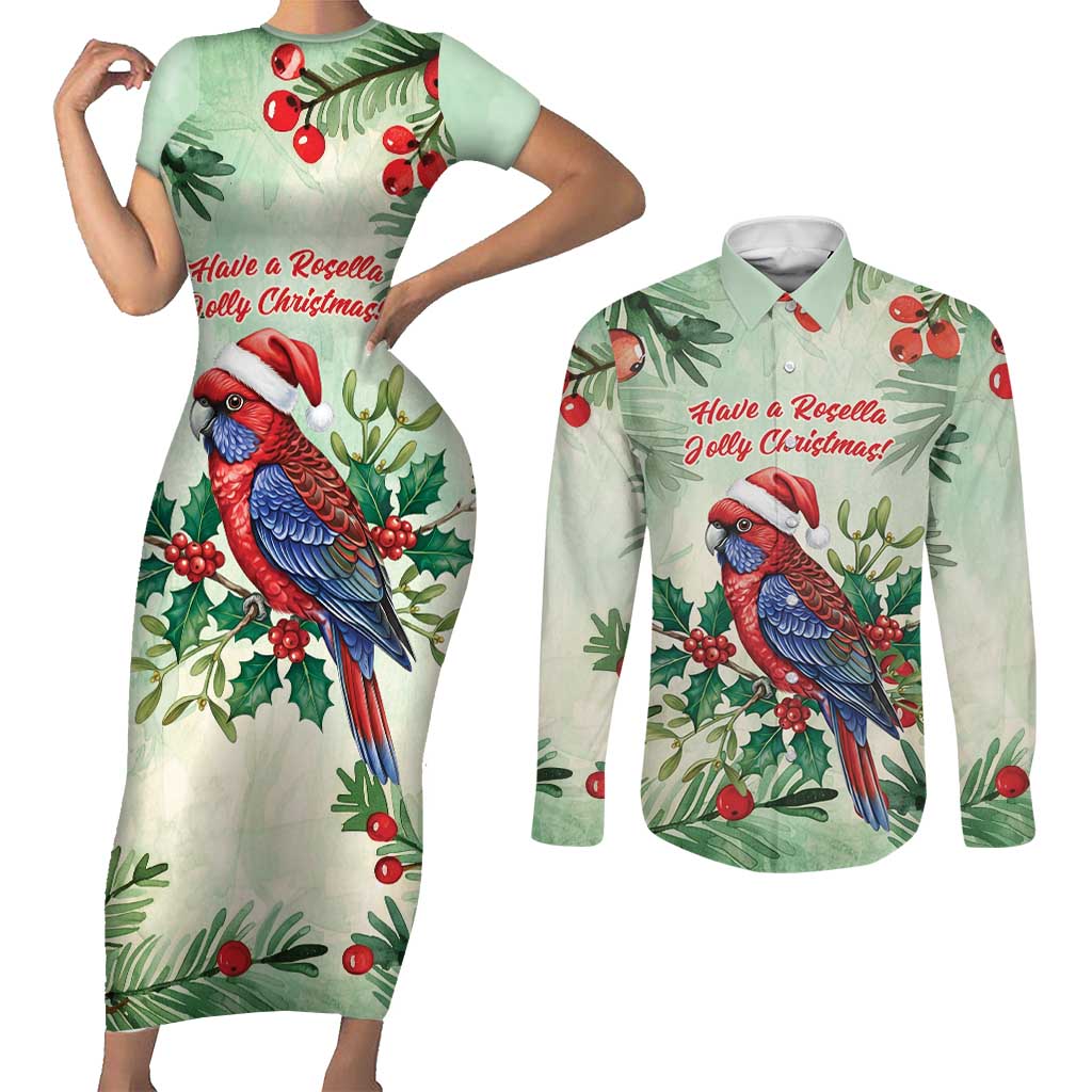 Watercolor Floral Crimson Rosella Couples Matching Short Sleeve Bodycon Dress and Long Sleeve Button Shirt It’s Aussie Christmas Time! - Aussie Hoodie