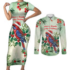 Watercolor Floral Crimson Rosella Couples Matching Short Sleeve Bodycon Dress and Long Sleeve Button Shirt It’s Aussie Christmas Time! - Aussie Hoodie