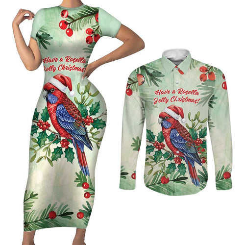 Watercolor Floral Crimson Rosella Couples Matching Short Sleeve Bodycon Dress and Long Sleeve Button Shirt It’s Aussie Christmas Time! - Aussie Hoodie