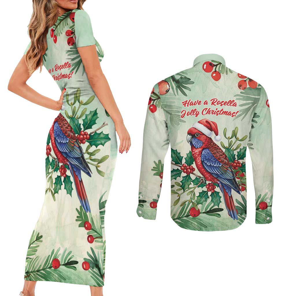 Watercolor Floral Crimson Rosella Couples Matching Short Sleeve Bodycon Dress and Long Sleeve Button Shirt It’s Aussie Christmas Time! - Aussie Hoodie