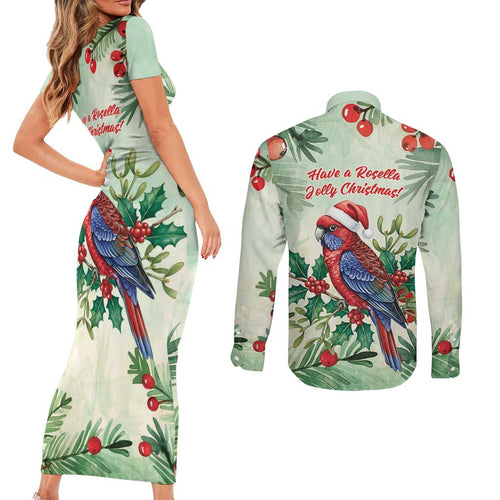 Watercolor Floral Crimson Rosella Couples Matching Short Sleeve Bodycon Dress and Long Sleeve Button Shirt It’s Aussie Christmas Time! - Aussie Hoodie