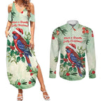 Watercolor Floral Crimson Rosella Couples Matching Summer Maxi Dress and Long Sleeve Button Shirt It’s Aussie Christmas Time! - Aussie Hoodie