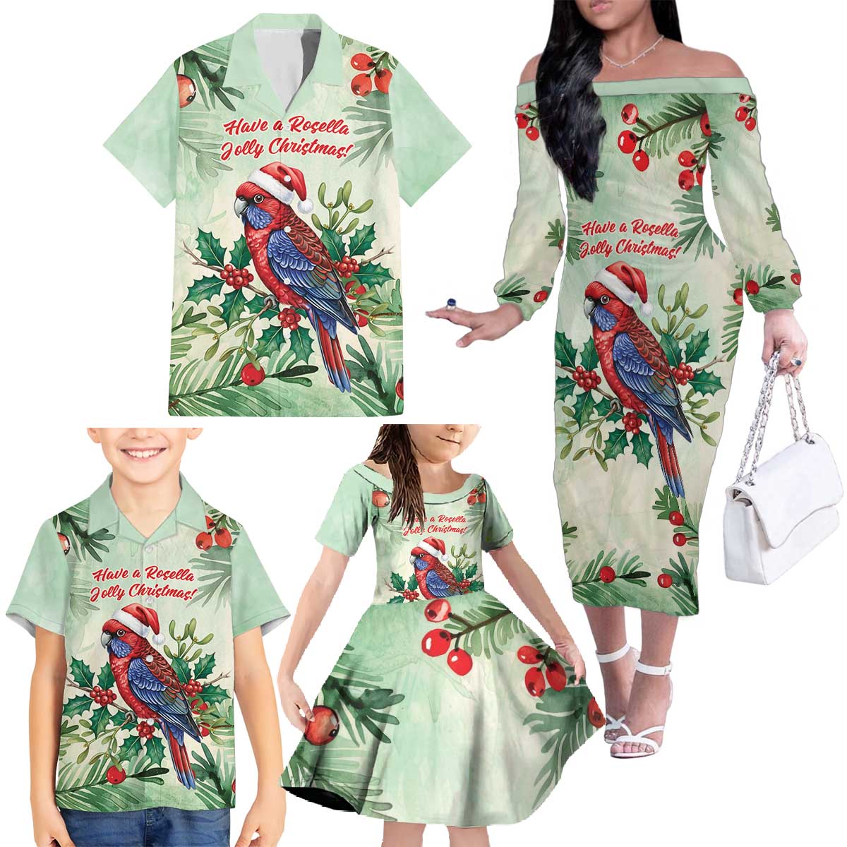 Watercolor Floral Crimson Rosella Family Matching Off The Shoulder Long Sleeve Dress and Hawaiian Shirt It’s Aussie Christmas Time! - Aussie Hoodie