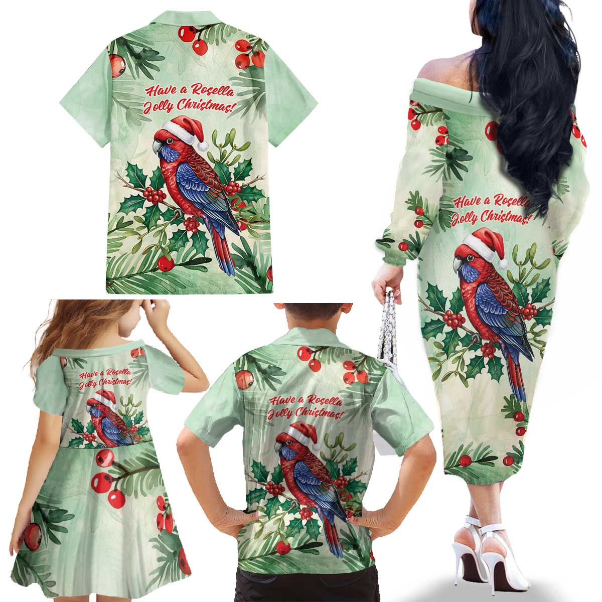 Watercolor Floral Crimson Rosella Family Matching Off The Shoulder Long Sleeve Dress and Hawaiian Shirt It’s Aussie Christmas Time! - Aussie Hoodie