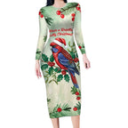 Watercolor Floral Crimson Rosella Long Sleeve Bodycon Dress It’s Aussie Christmas Time! - Aussie Hoodie