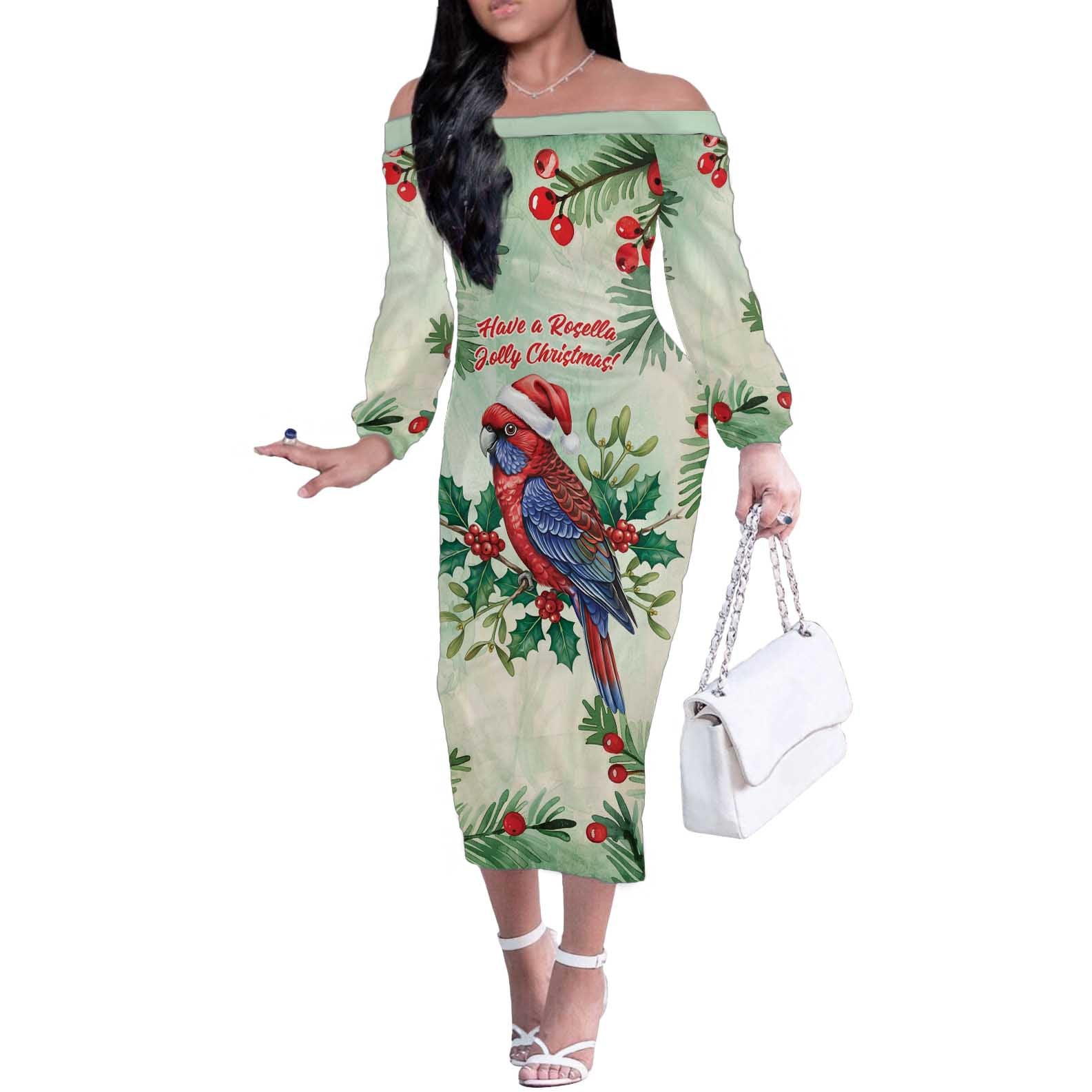 Watercolor Floral Crimson Rosella Off The Shoulder Long Sleeve Dress It’s Aussie Christmas Time! - Aussie Hoodie