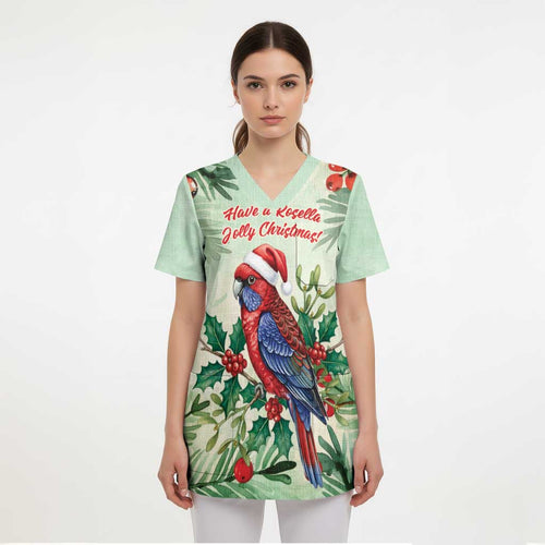 Watercolor Floral Crimson Rosella Scrub Top It’s Aussie Christmas Time! - Aussie Hoodie