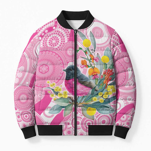 Pink Robin Aboriginal Inspired Bomber Puffer Jacket - Aussie Hoodie