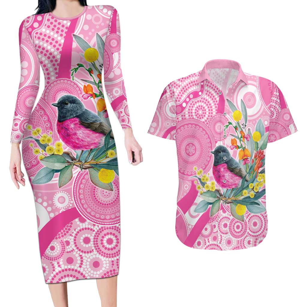 Pink Robin Aboriginal Inspired Couples Matching Long Sleeve Bodycon Dress and Hawaiian Shirt - Aussie Hoodie