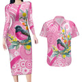 Pink Robin Aboriginal Inspired Couples Matching Long Sleeve Bodycon Dress and Hawaiian Shirt - Aussie Hoodie