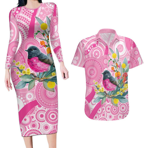Pink Robin Aboriginal Inspired Couples Matching Long Sleeve Bodycon Dress and Hawaiian Shirt - Aussie Hoodie