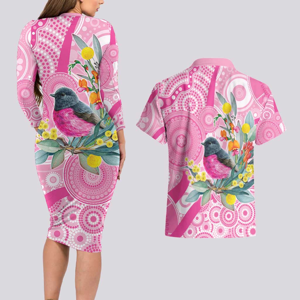 Pink Robin Aboriginal Inspired Couples Matching Long Sleeve Bodycon Dress and Hawaiian Shirt - Aussie Hoodie