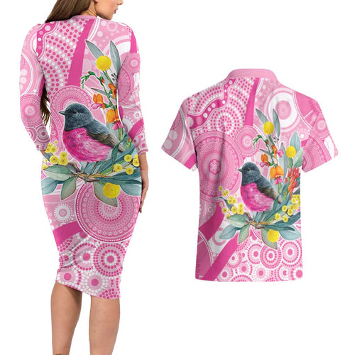 Pink Robin Aboriginal Inspired Couples Matching Long Sleeve Bodycon Dress and Hawaiian Shirt - Aussie Hoodie
