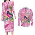 Pink Robin Aboriginal Inspired Couples Matching Long Sleeve Bodycon Dress and Long Sleeve Button Shirt - Aussie Hoodie