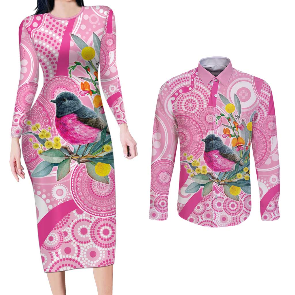 Pink Robin Aboriginal Inspired Couples Matching Long Sleeve Bodycon Dress and Long Sleeve Button Shirt - Aussie Hoodie
