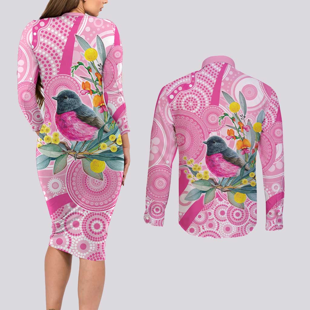 Pink Robin Aboriginal Inspired Couples Matching Long Sleeve Bodycon Dress and Long Sleeve Button Shirt - Aussie Hoodie
