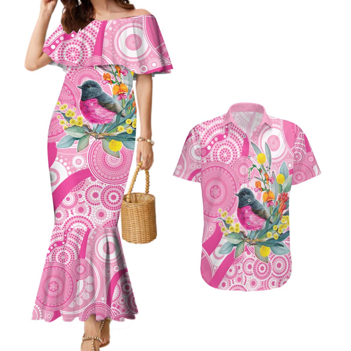 Pink Robin Aboriginal Inspired Couples Matching Mermaid Dress and Hawaiian Shirt - Aussie Hoodie
