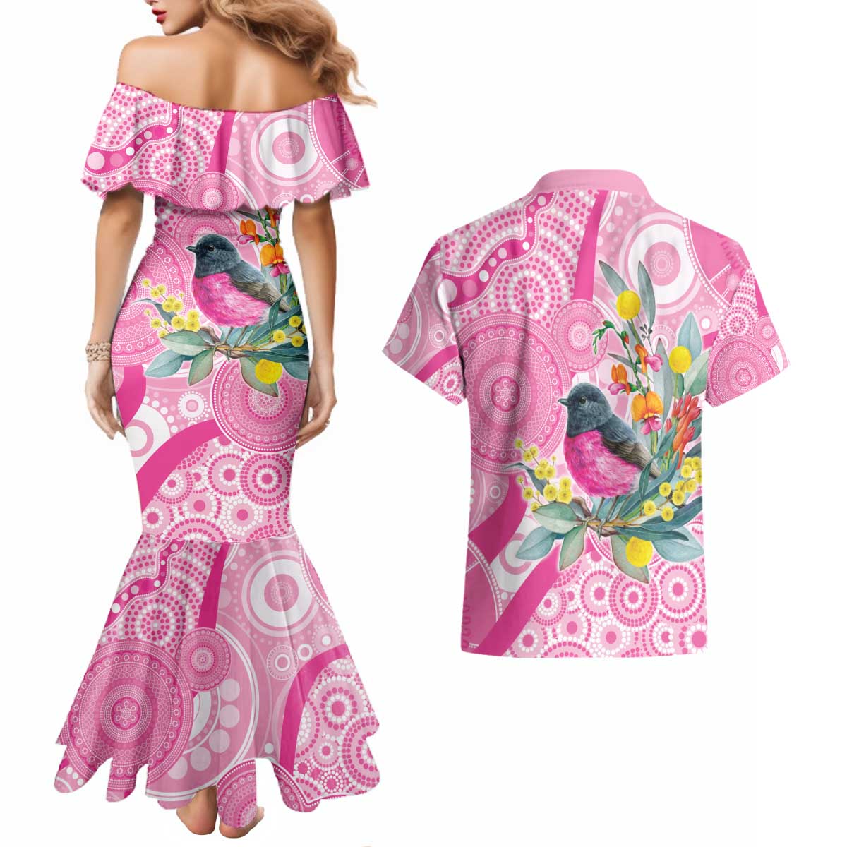 Pink Robin Aboriginal Inspired Couples Matching Mermaid Dress and Hawaiian Shirt - Aussie Hoodie